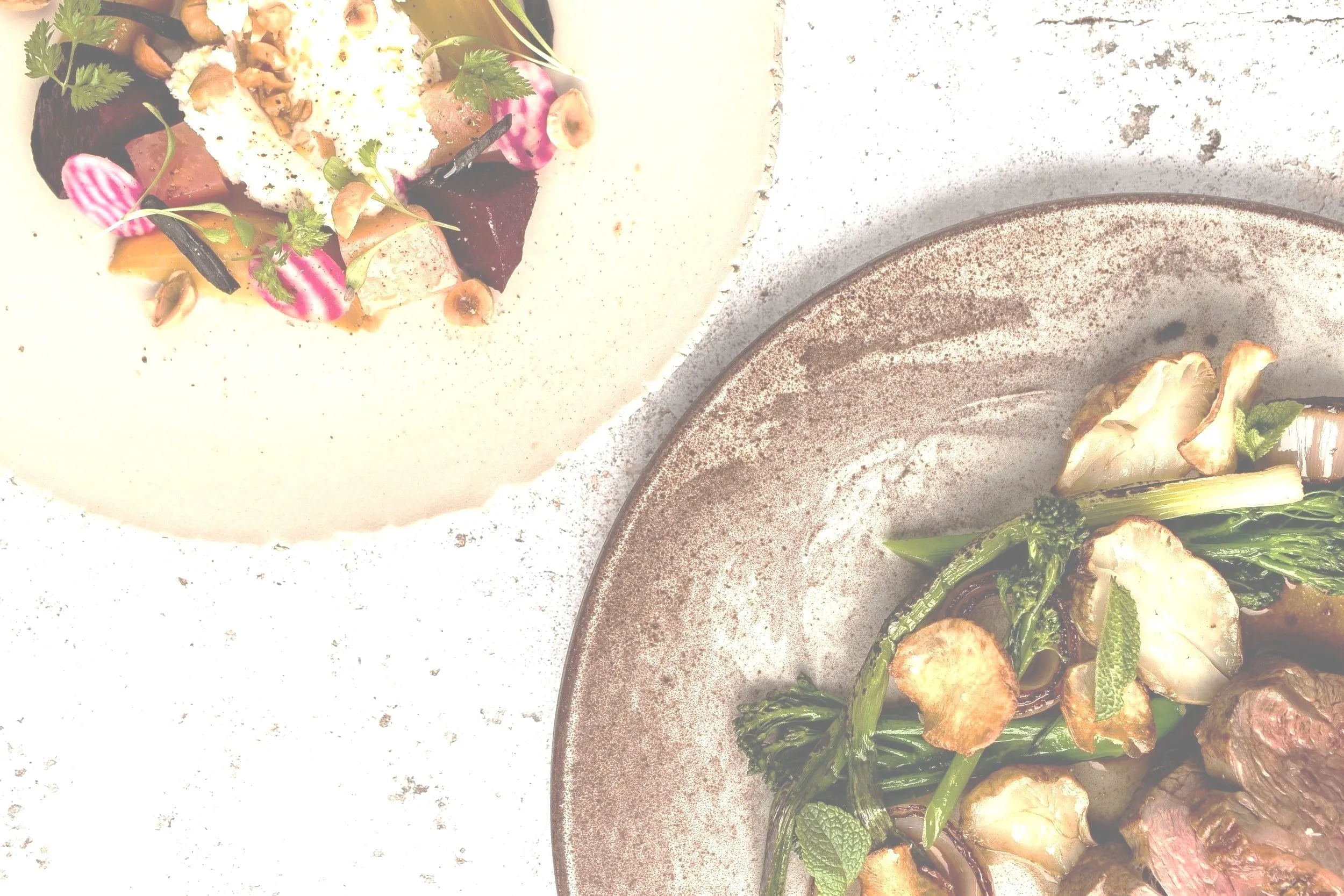 Dos platos vistos desde arriba: remolacha con queso fresco y hierbas, y verduras a la brasa con setas y carne.