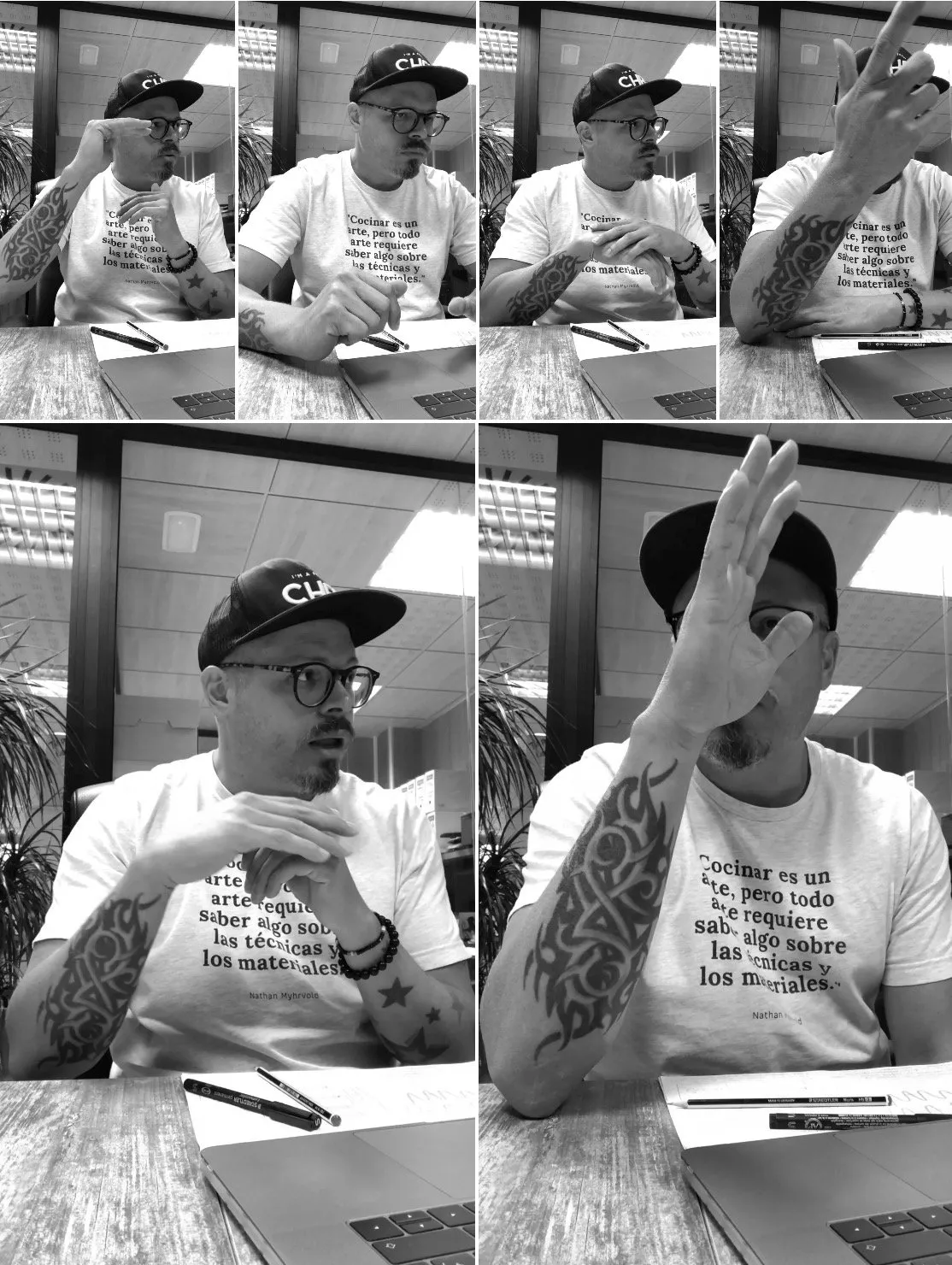 Collage del Chef John Guerrero gesticulando en una reunión de trabajo, con gorra y camiseta con una cita de Nathan Myhrvold