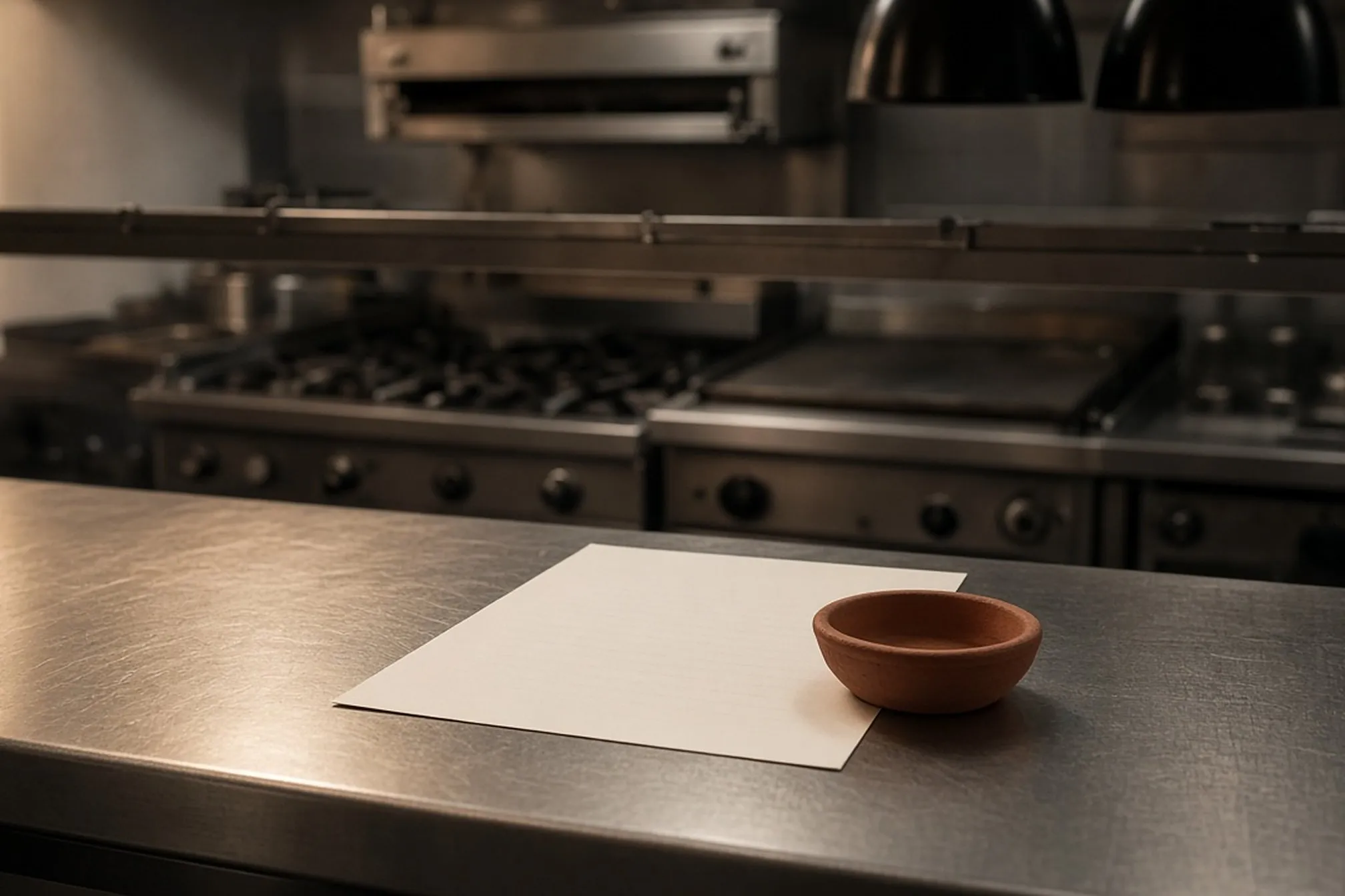 Carta de una sola hoja con líneas tenues sobre el pase de acero de una cocina profesional vacía, junto a un pequeño cuenco de barro terracota; al fondo, desenfocados, los fuegos, la plancha y la salamandra bajo las lámparas apagadas. Fotografía editorial en tonos cálidos.