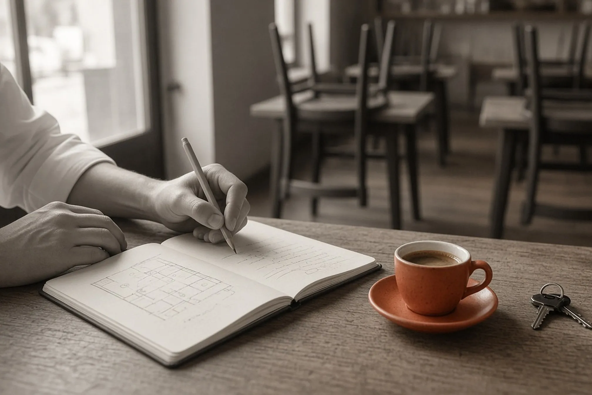 Manos de un cocinero con la chaqueta blanca, encuadradas de los antebrazos hacia abajo, se detienen con un lápiz sobre una libreta abierta con el boceto a lápiz de una sala; al lado, una taza de café terracota y unas llaves. Al fondo, un comedor vacío antes de abrir. Fotografía editorial en blanco y negro cálido.