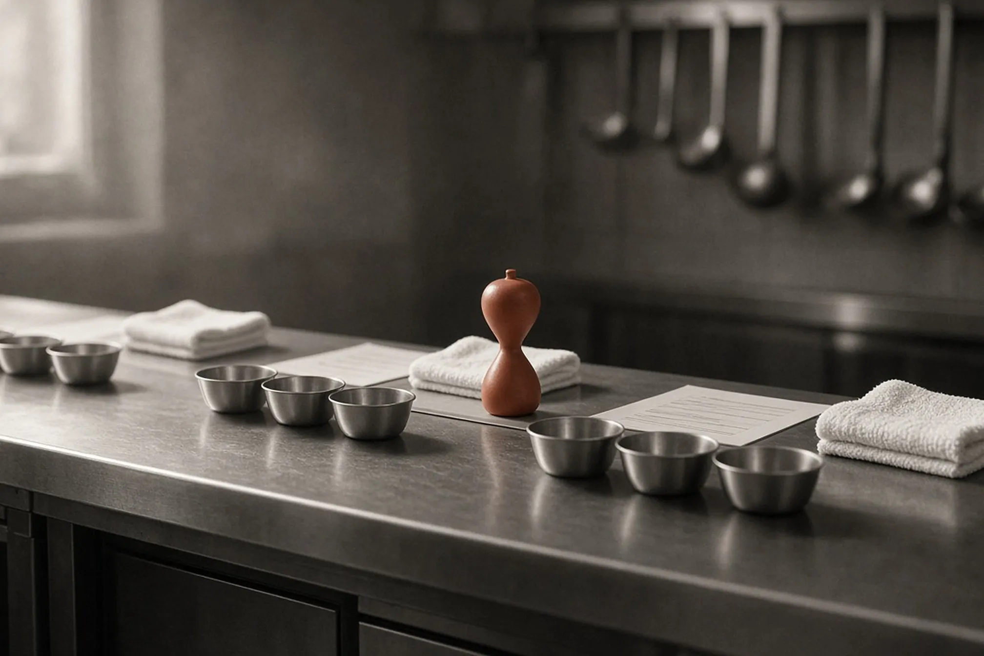 Fila de estaciones de mise en place idénticas sobre el acero de una cocina profesional vacía, con boles, paños blancos y una hoja de una sola página en cada puesto; en el centro, un pequeño reloj de arena de cerámica terracota. Fotografía editorial en blanco y negro cálido.