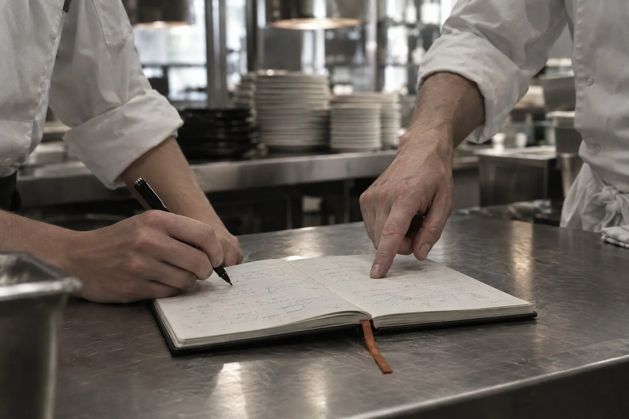 Dos cocineros con chaqueta blanca, encuadrados de pecho hacia abajo, revisan una libreta abierta sobre un pase de acero: uno escribe con bolígrafo y el otro señala la página con el índice; al fondo, platos apilados en una cocina profesional desenfocada. Fotografía editorial en blanco y negro cálido con un marcapáginas terracota.