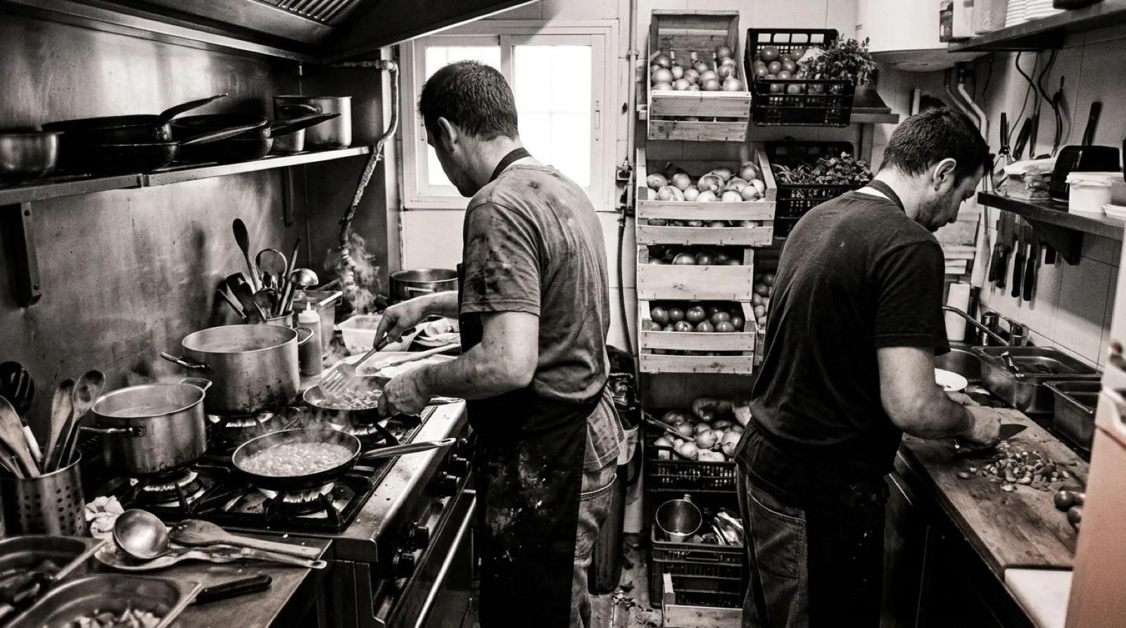 Dos cocineros trabajando codo con codo en una cocina estrecha de restaurante pequeño, uno atendiendo dos fuegos a la vez y el otro cortando junto a las cajas de producto apiladas