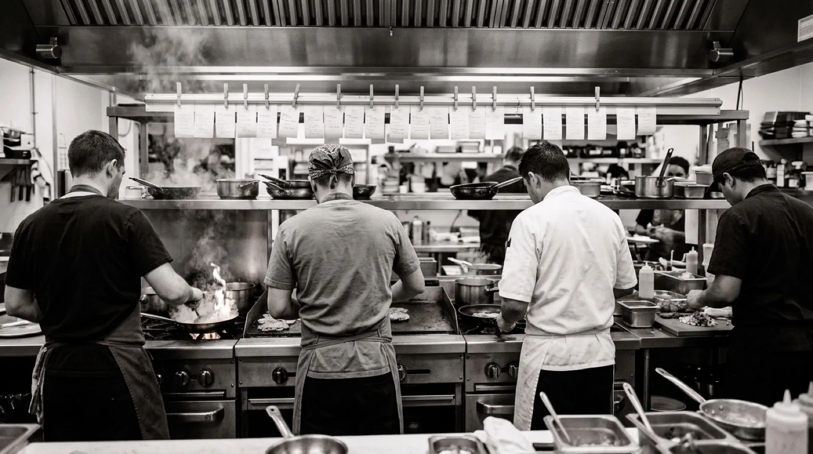 Cuatro cocineros de espaldas trabajando cada uno en su estación a lo largo de una línea de cocina profesional, con las comandas colgadas del riel y la campana extractora encima