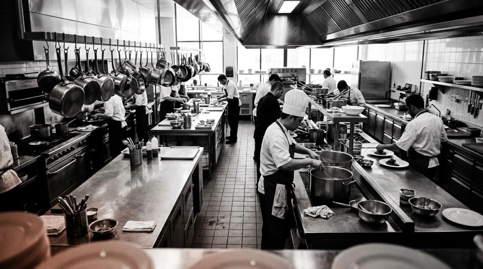 Cocina clásica de hotel vista a lo largo, con varias partidas trabajando en paralelo en sus propias mesas de acero y una batería de cobre colgada del techo