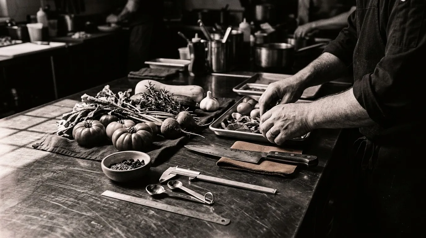 Mesa de trabajo de cocina en blanco y negro con verduras de temporada, un cuchillo de chef y, en primer plano, instrumentos de medición: un calibre, cucharas medidoras y una regla metálica.