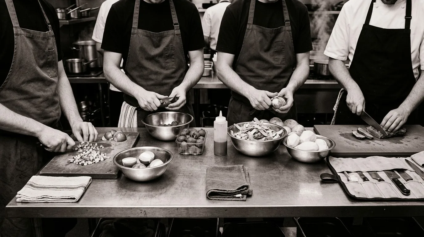 Cuatro cocineros de una brigada trabajando hombro con hombro en el mise en place sobre una mesa de acero inoxidable, vistos desde atrás