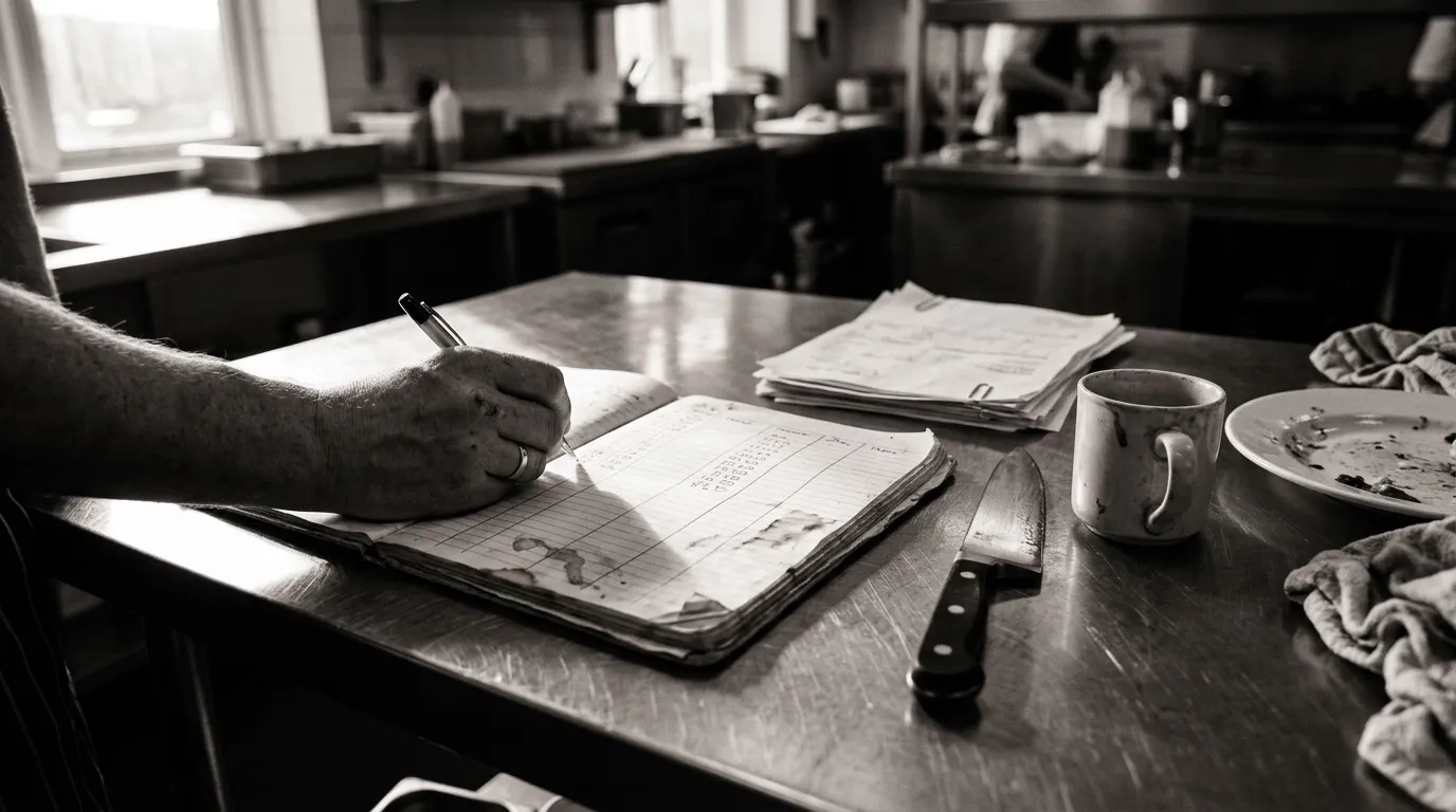 Cuaderno de servicio abierto sobre una mesa de acero junto a un cuchillo de chef y una taza de café, con una mano anotando cifras y albaranes apilados a un lado