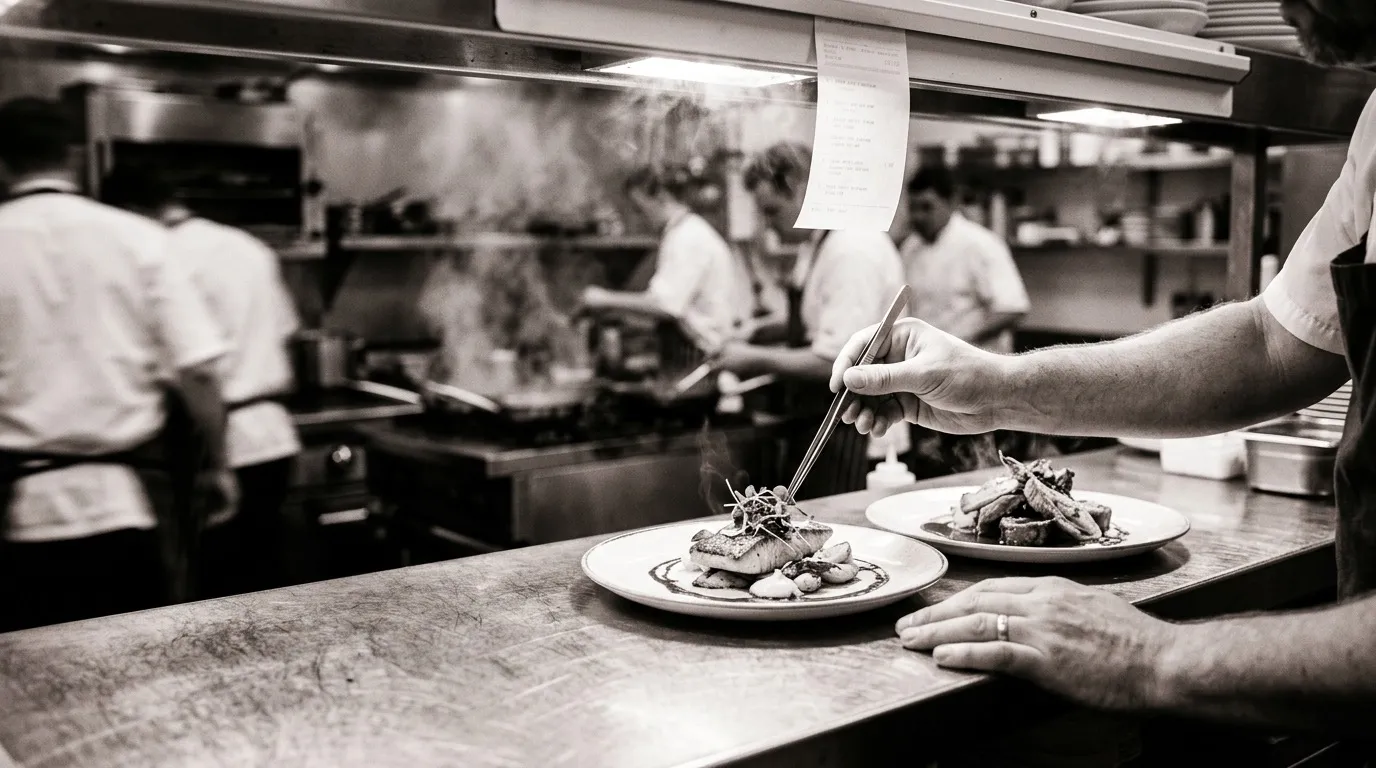 Manos de jefe de cocina rematando con pinzas dos platos sobre el pase de acero de una cocina profesional, con la comanda colgada y vapor de la línea al fondo
