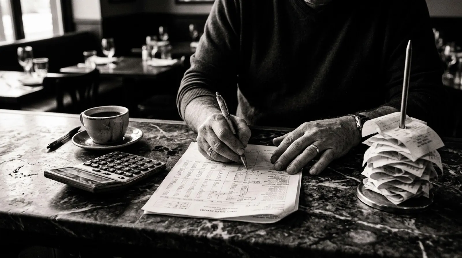 Manos repasando un informe de ventas impreso sobre la barra de mármol de un restaurante, junto a una calculadora, un café y un pincho con tiques