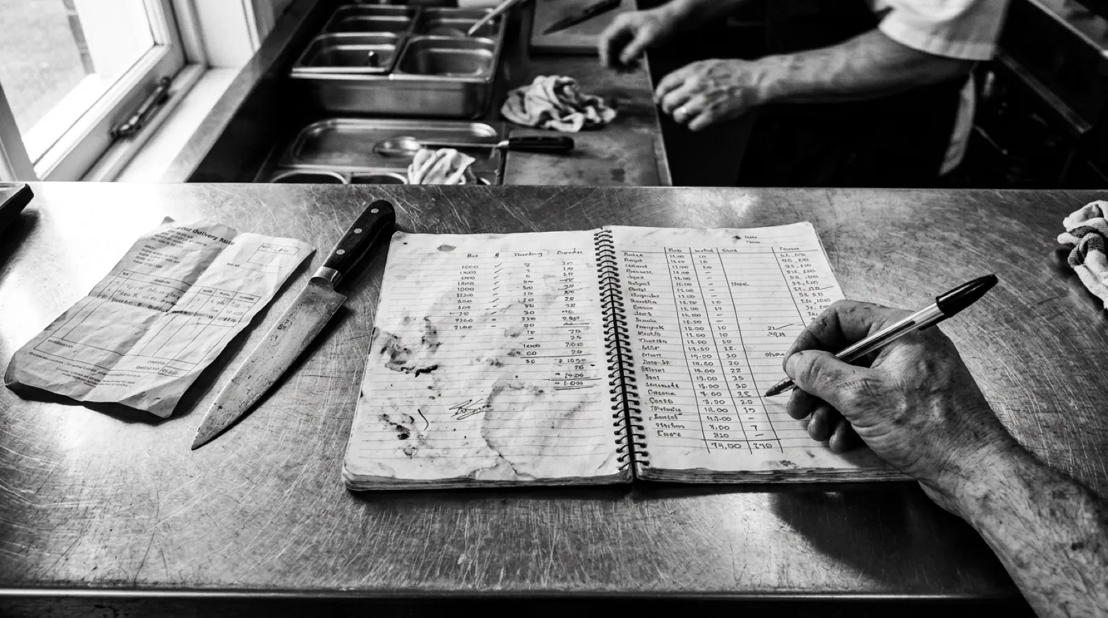 Libreta gastada sobre la encimera de acero de una cocina con columnas de cifras escritas a mano, un bolígrafo, un albarán de proveedor y un cuchillo apartado a un lado