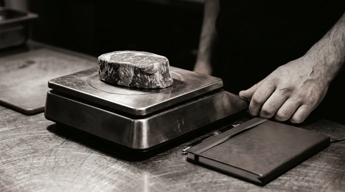 Báscula de cocina profesional con una pieza de solomillo encima, sobre una encimera de acero, junto a una libreta cerrada y un bolígrafo