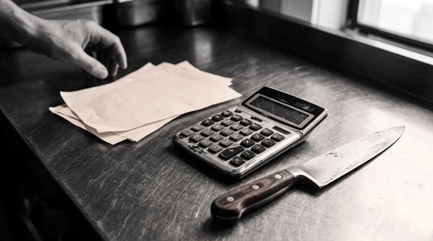 Calculadora y cuchillo cebollero sobre una encimera de acero, junto a un montón de albaranes que una mano va a recoger