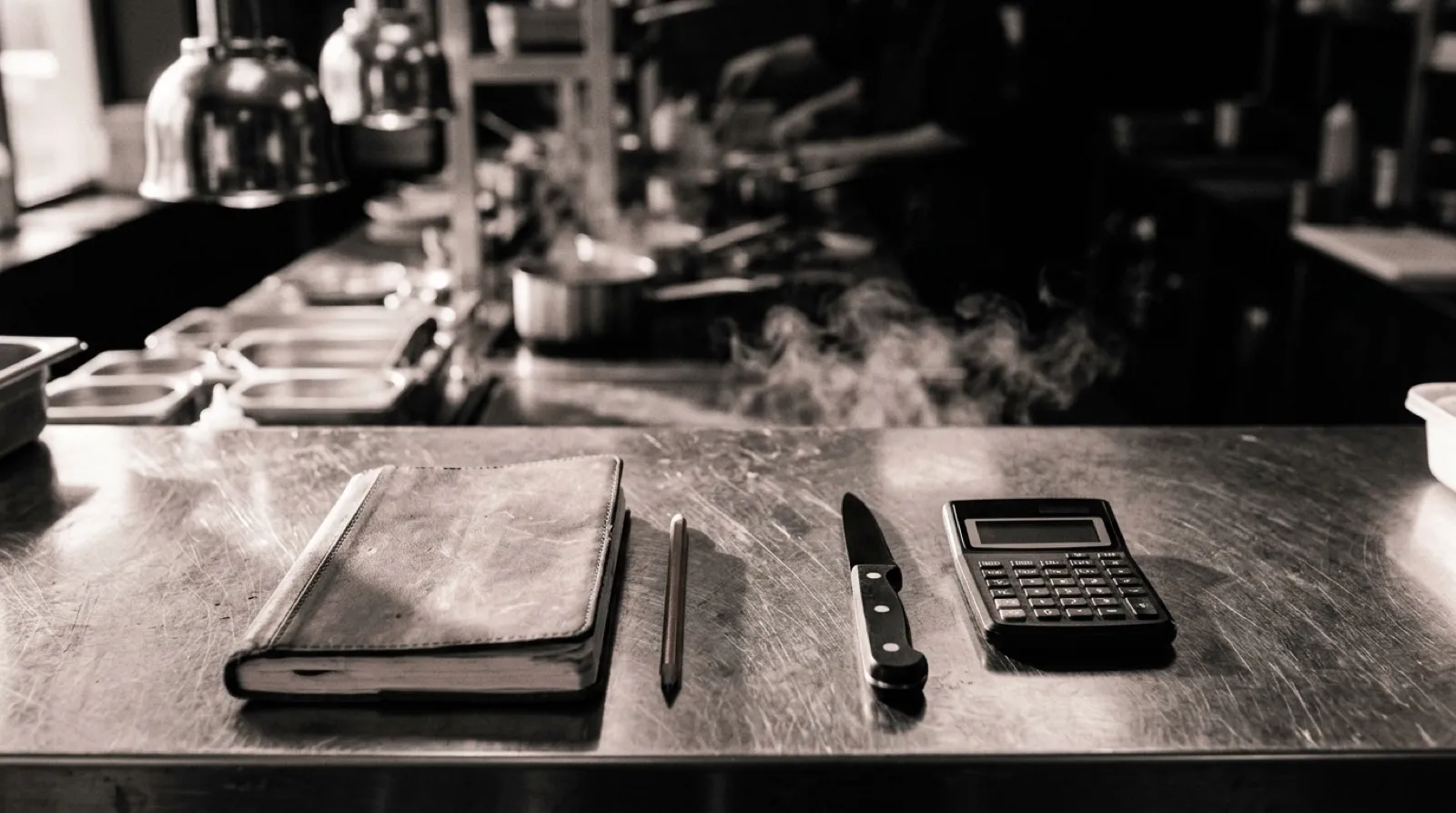 Libreta de chef, lápiz, puntilla y calculadora de bolsillo alineadas sobre el acero rayado de un pase de cocina con vapor al fondo