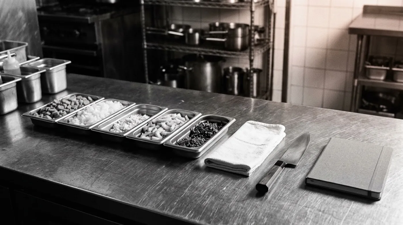 Mise en place perfectamente ordenada sobre acero: bandejas de verdura preparada en fila, paño doblado, cuchillo alineado y libreta cerrada