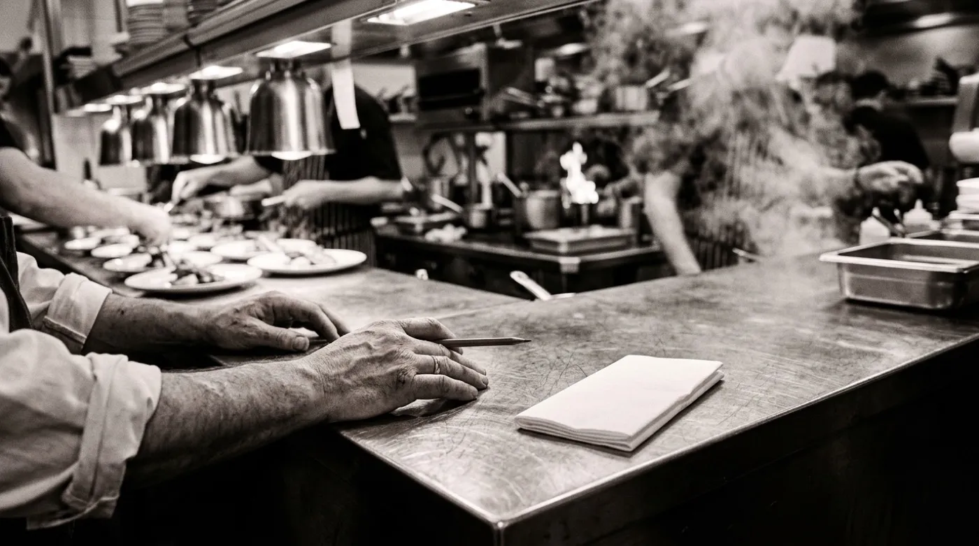 Manos de cocinero con un lápiz junto a una servilleta de papel en la esquina de un pase en pleno servicio, con el emplatado desenfocado al fondo