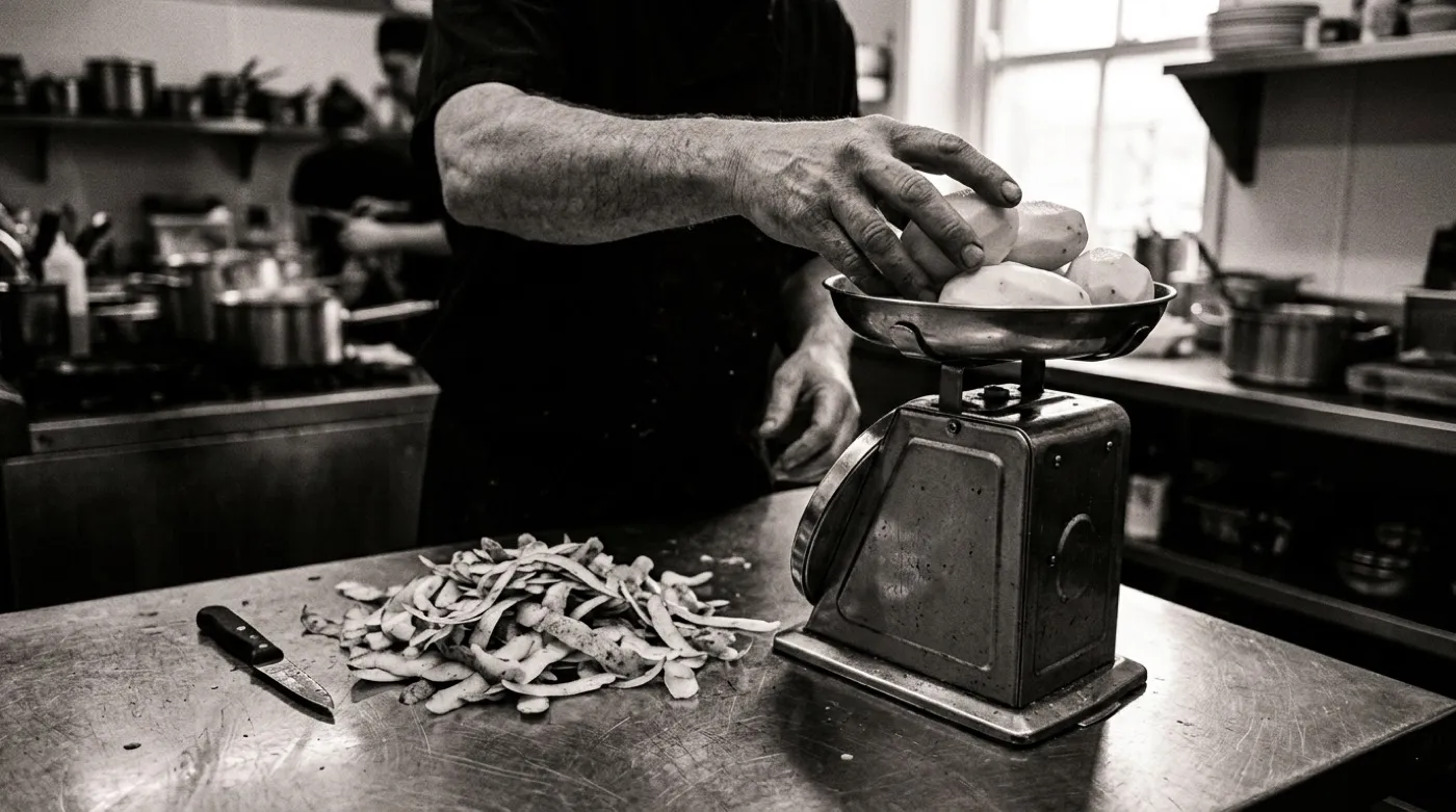 Manos de cocinero pesando patatas peladas en una báscula de cocina, con las mondas amontonadas junto a una puntilla
