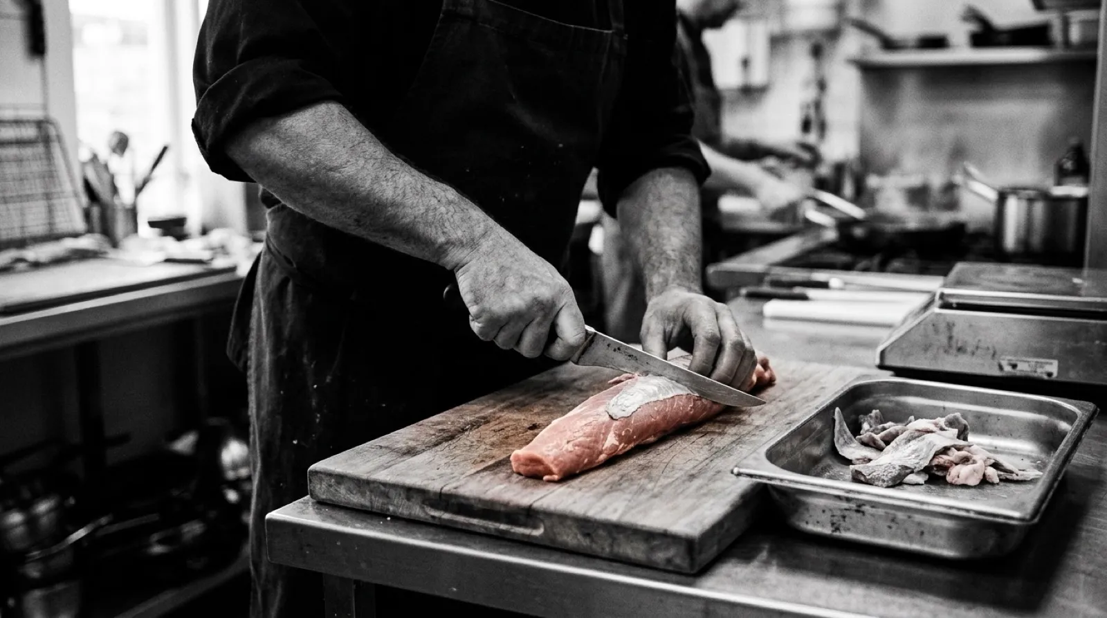 Manos de cocinero limpiando un solomillo sobre una tabla de madera, con los recortes de la merma apartados en una bandeja de acero