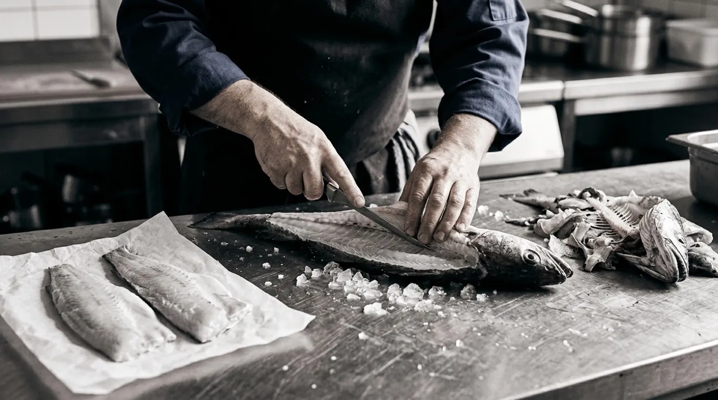 Manos de cocinero sacando lomos de una merluza entera sobre mesa de acero, con la cabeza y las espinas apartadas a un lado