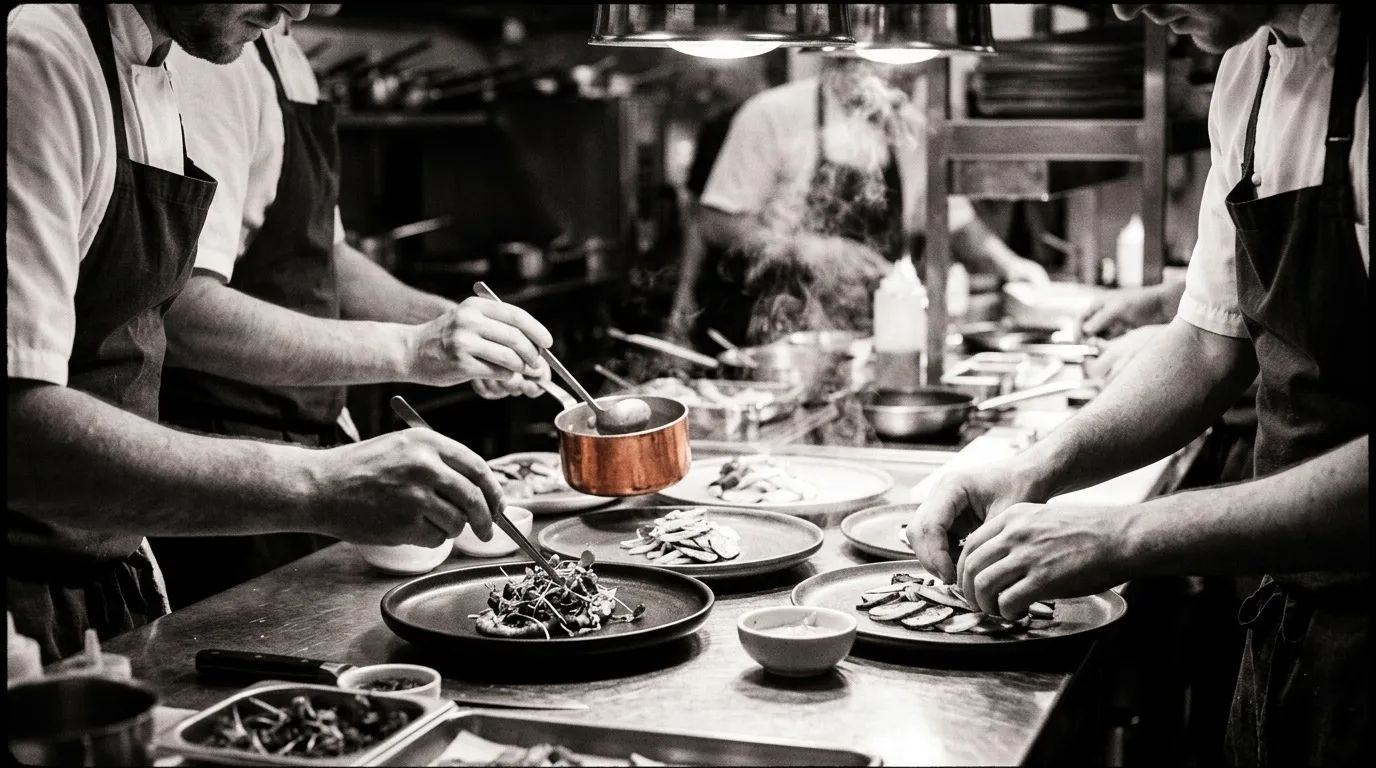 Brigada de cocina emplatando en el pase entre el vapor